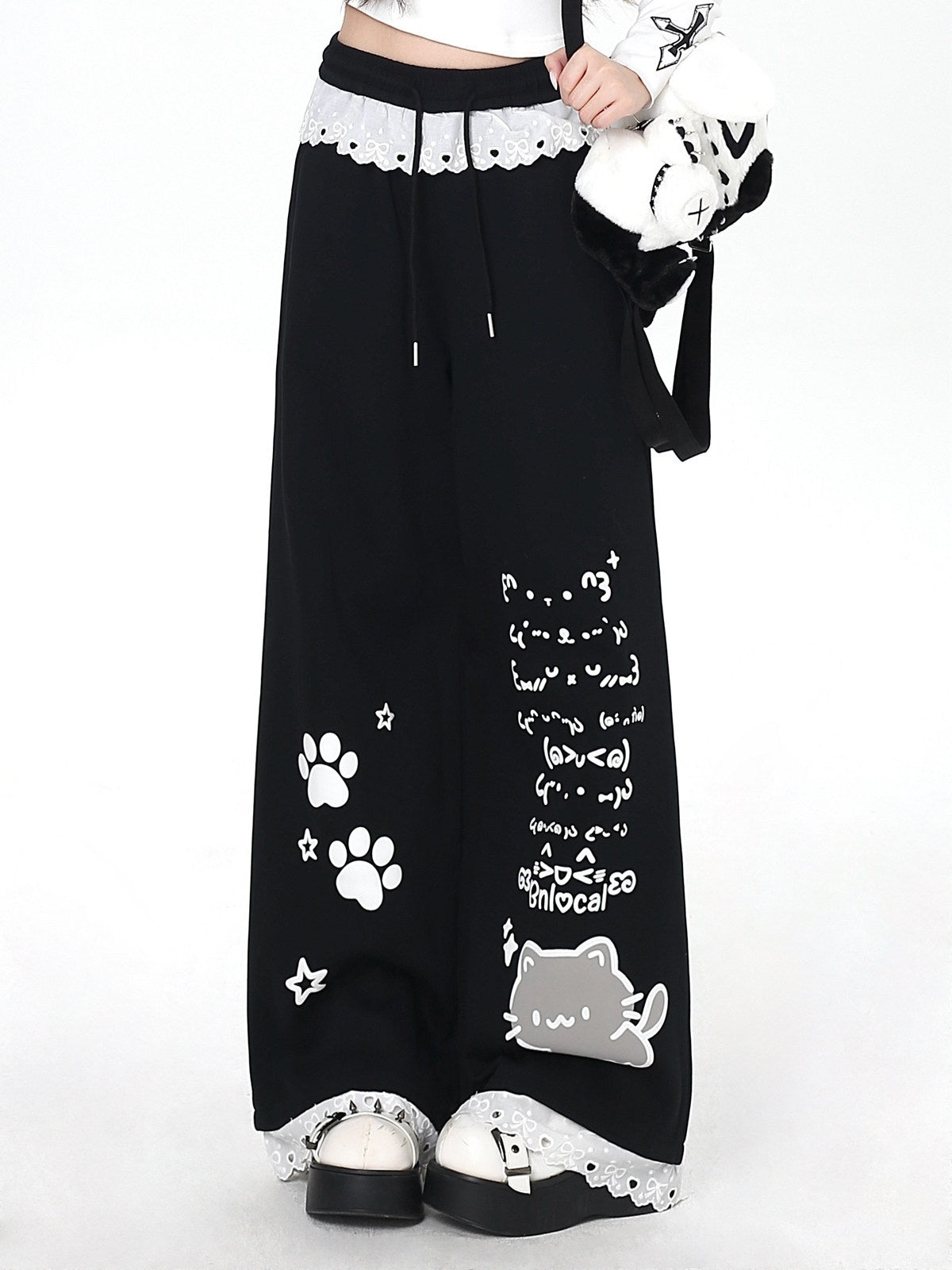 CRAZYGIRL_Black_Cartoon_Cat_Print_Lace_Trim_High_Waist_Women's_Sweatpants/joggers_999456070692_MISSTT