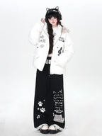 CRAZYGIRL Black Cartoon Cat Print Lace Trim High Waist Women's Sweatpants/joggers
