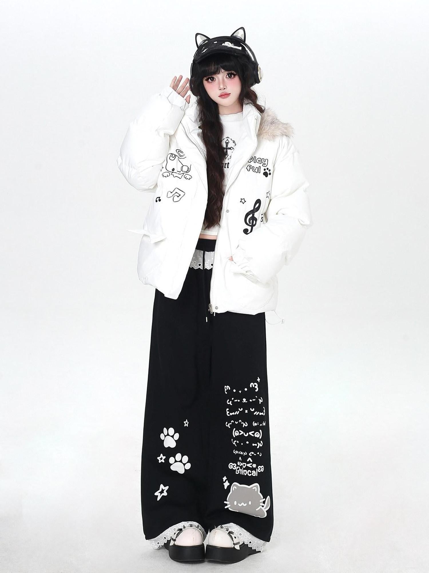 CRAZYGIRL Black Cartoon Cat Print Lace Trim High Waist Women's Sweatpants/joggers
