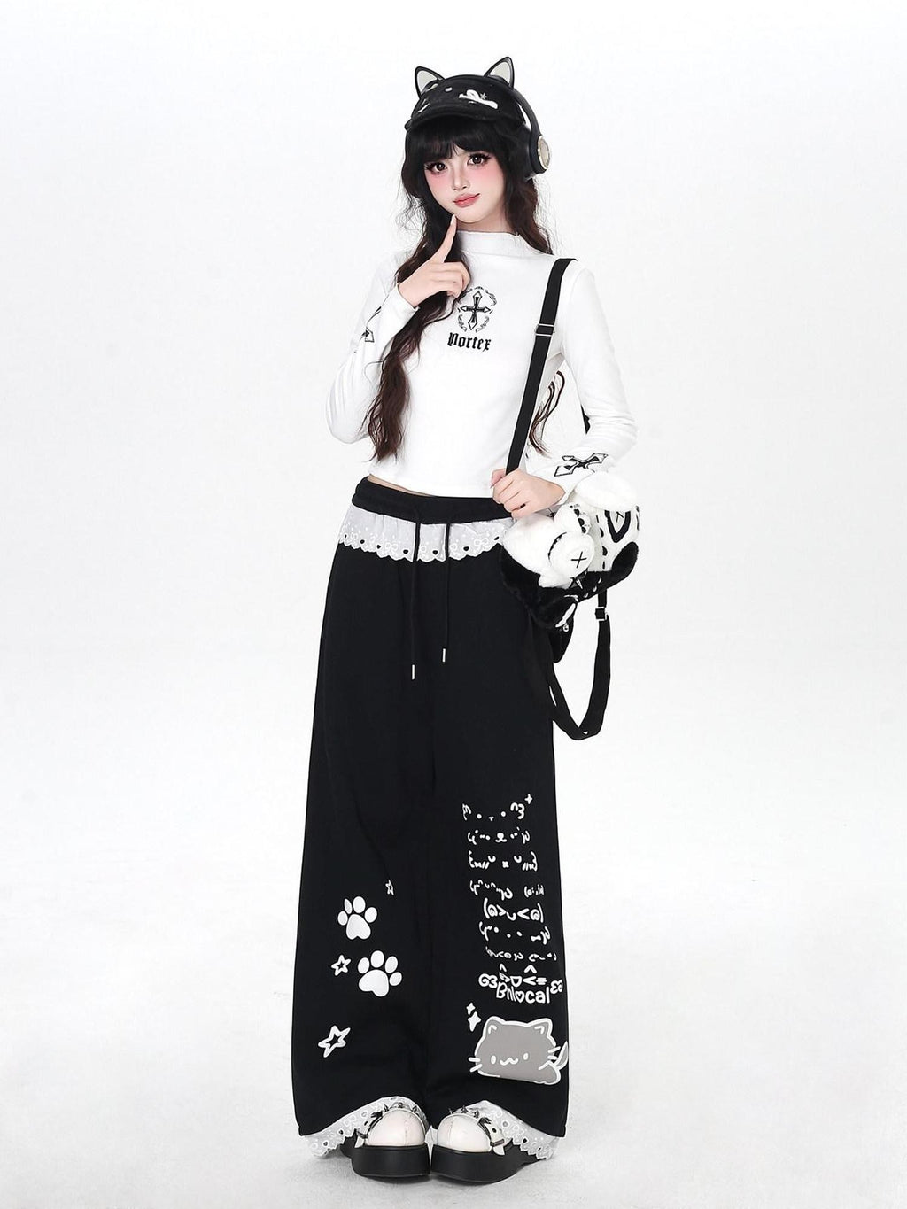 CRAZYGIRL Black Cartoon Cat Print Lace Trim High Waist Women's Sweatpants/joggers