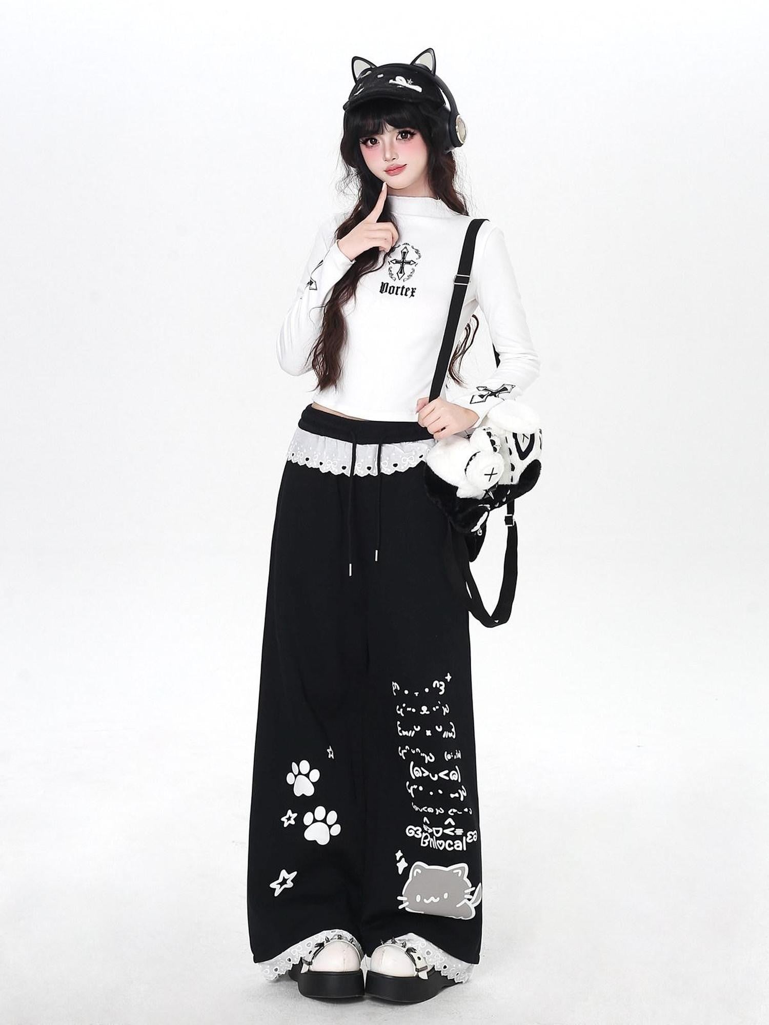 CRAZYGIRL Black Cartoon Cat Print Lace Trim High Waist Women's Sweatpants/joggers