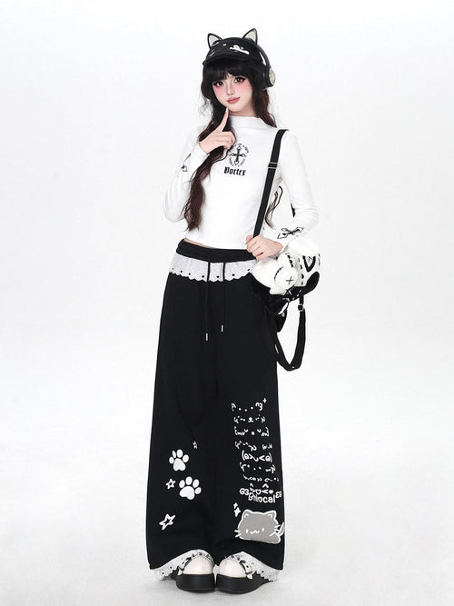 CRAZYGIRL Black Cartoon Cat Print Lace Trim High Waist Women's Sweatpants/joggers
