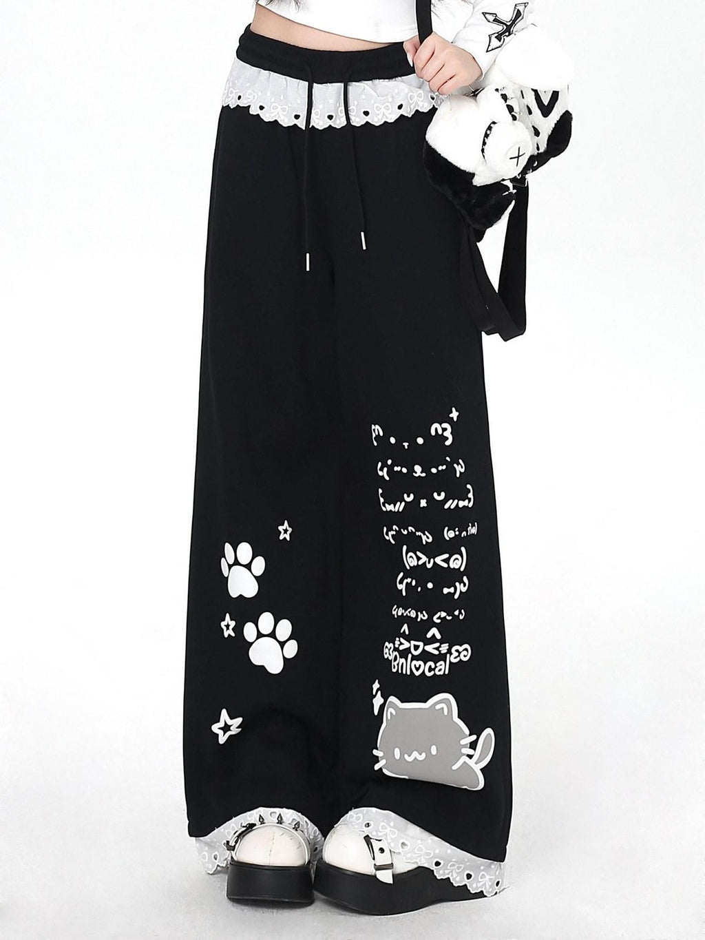 CRAZYGIRL Black Cartoon Cat Print Lace Trim High Waist Women's Sweatpants/joggers