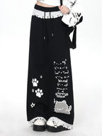 CRAZYGIRL Black Cartoon Cat Print Lace Trim High Waist Women's Sweatpants/joggers