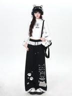 CRAZYGIRL Black Cartoon Cat Print Lace Trim High Waist Women's Sweatpants/joggers