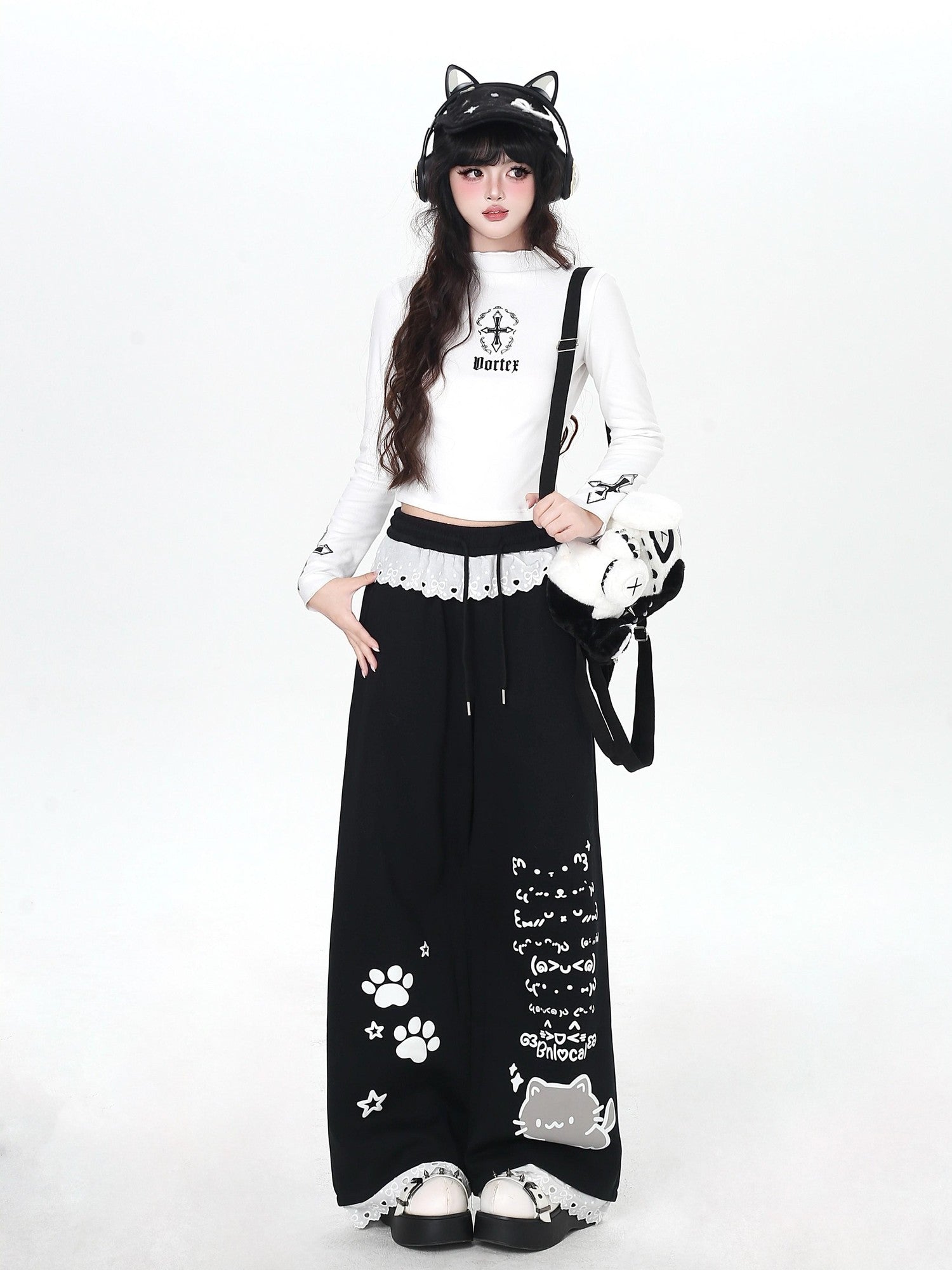 CRAZYGIRL Black Cartoon Cat Print Lace Trim High Waist Women's Sweatpants/joggers