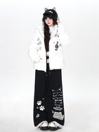 CRAZYGIRL Black Cartoon Cat Print Lace Trim High Waist Women's Sweatpants/joggers