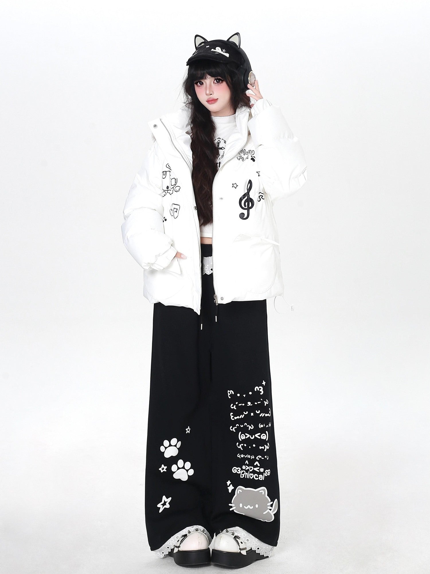 CRAZYGIRL Black Cartoon Cat Print Lace Trim High Waist Women's Sweatpants/joggers