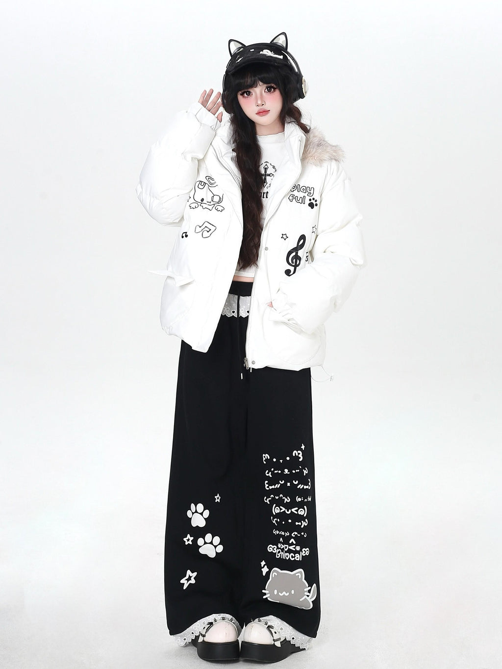 CRAZYGIRL Black Cartoon Cat Print Lace Trim High Waist Women's Sweatpants/joggers