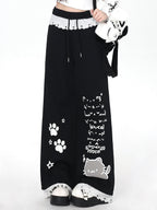 CRAZYGIRL Black Cartoon Cat Print Lace Trim High Waist Women's Sweatpants/joggers
