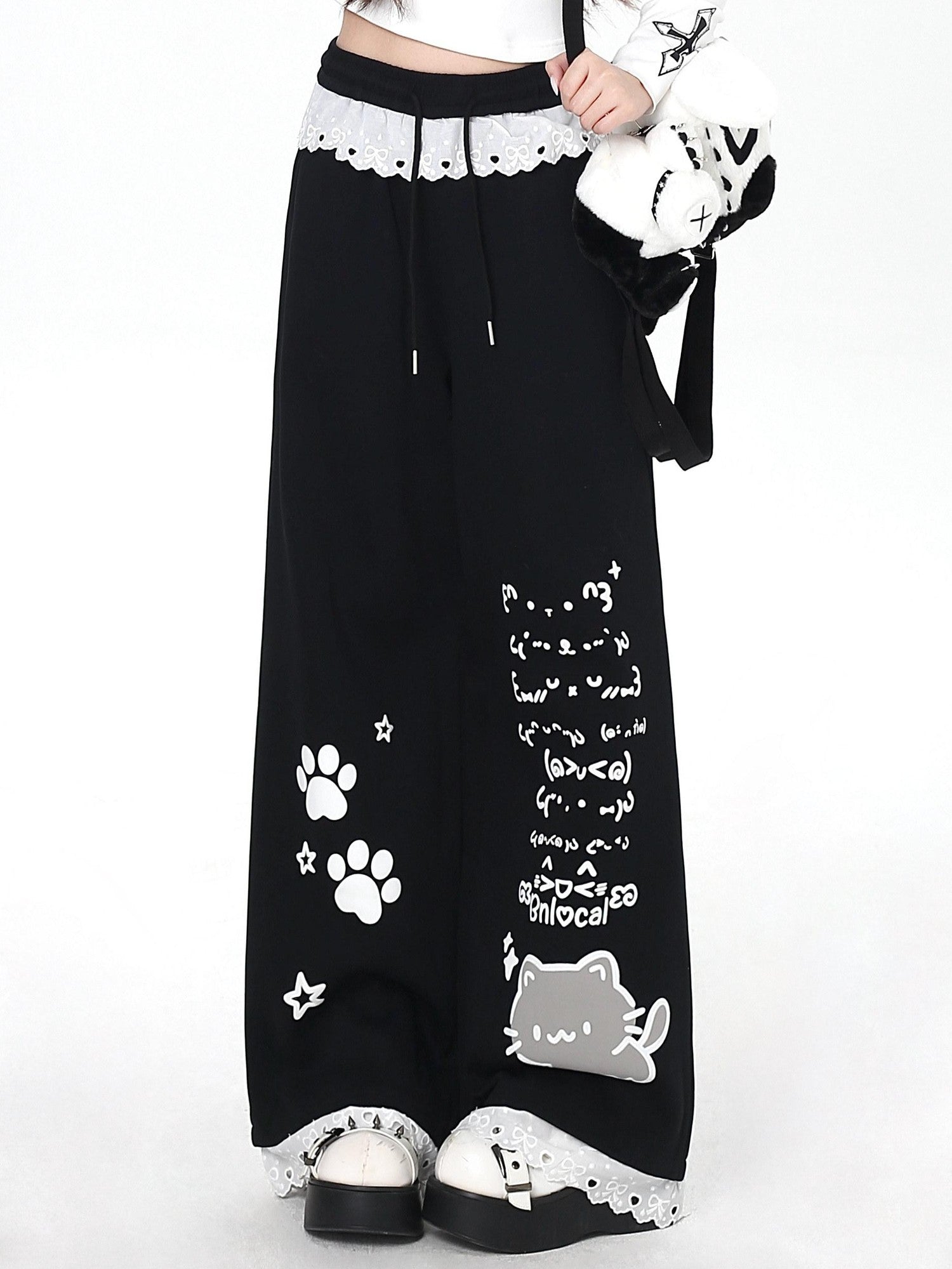 CRAZYGIRL Black Cartoon Cat Print Lace Trim High Waist Women's Sweatpants/joggers