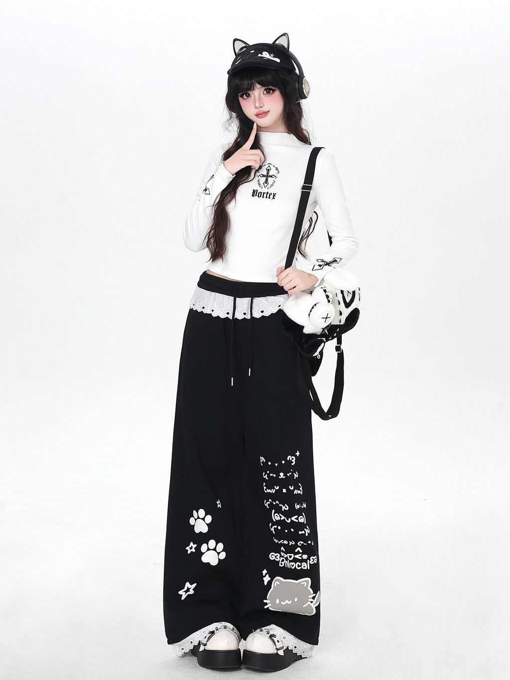 CRAZYGIRL Black Cartoon Cat Print Lace Trim High Waist Women's Sweatpants/joggers