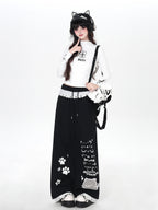 CRAZYGIRL Black Cartoon Cat Print Lace Trim High Waist Women's Sweatpants/joggers