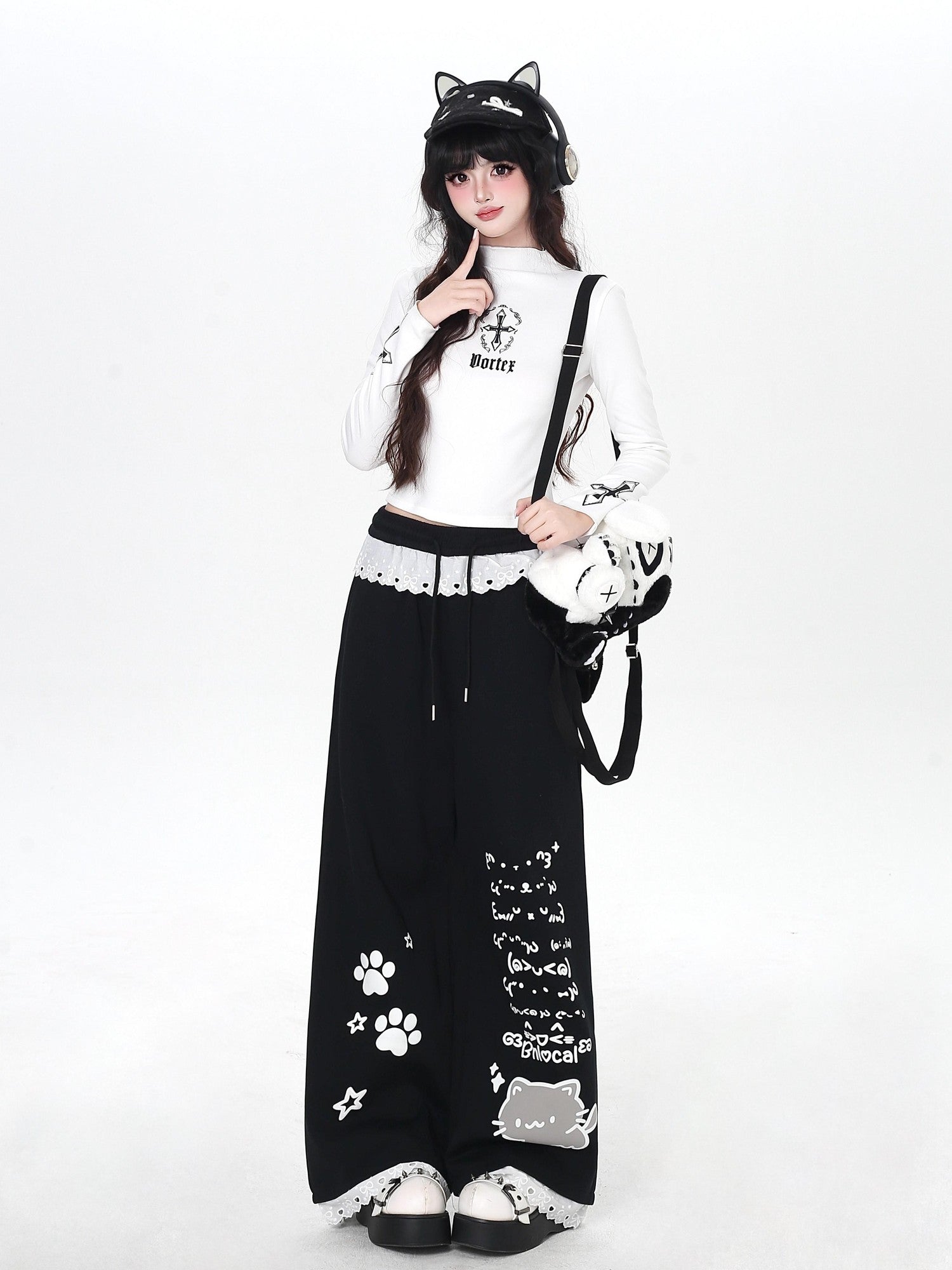 CRAZYGIRL Black Cartoon Cat Print Lace Trim High Waist Women's Sweatpants/joggers