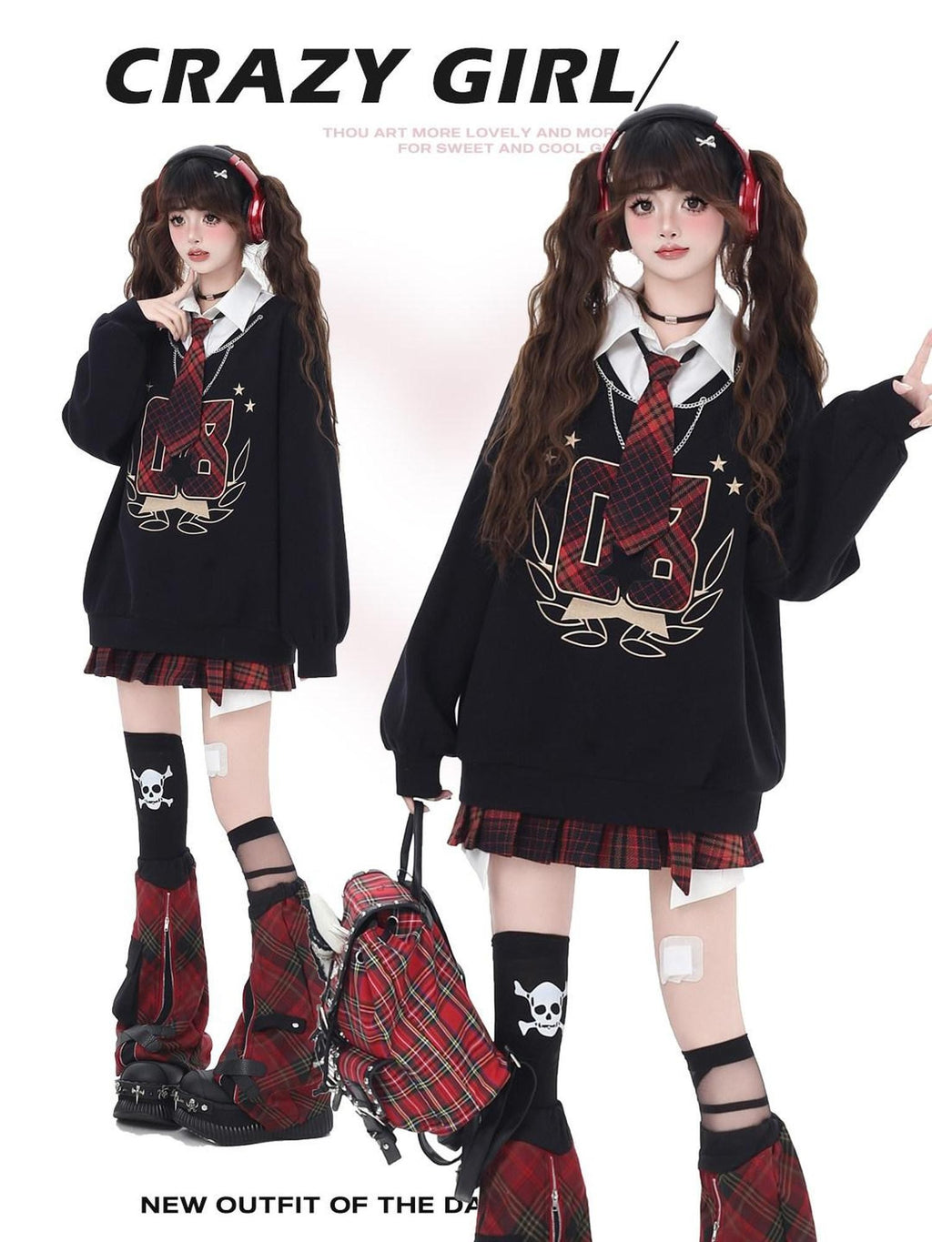 CRAZYGIRL Black Faux Two Piece College Style Stand Collar Loose Cute Women's Sweatshirts