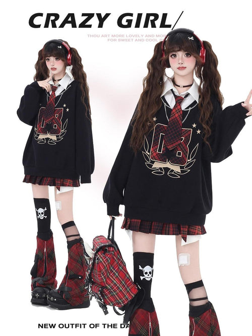 CRAZYGIRL Black Faux Two Piece College Style Stand Collar Loose Cute Women's Sweatshirts