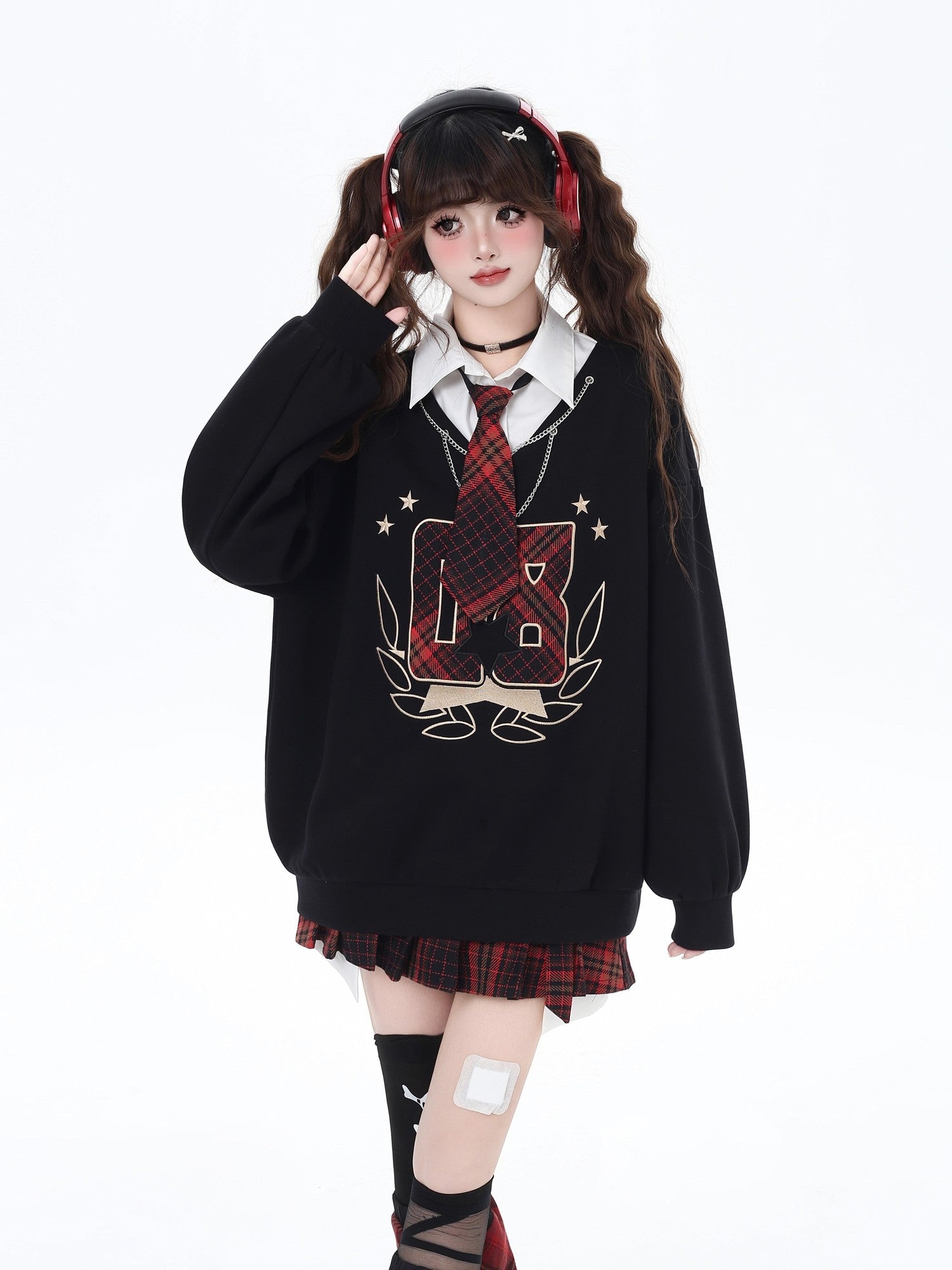 CRAZYGIRL Black Faux Two Piece College Style Stand Collar Loose Cute Women's Sweatshirts