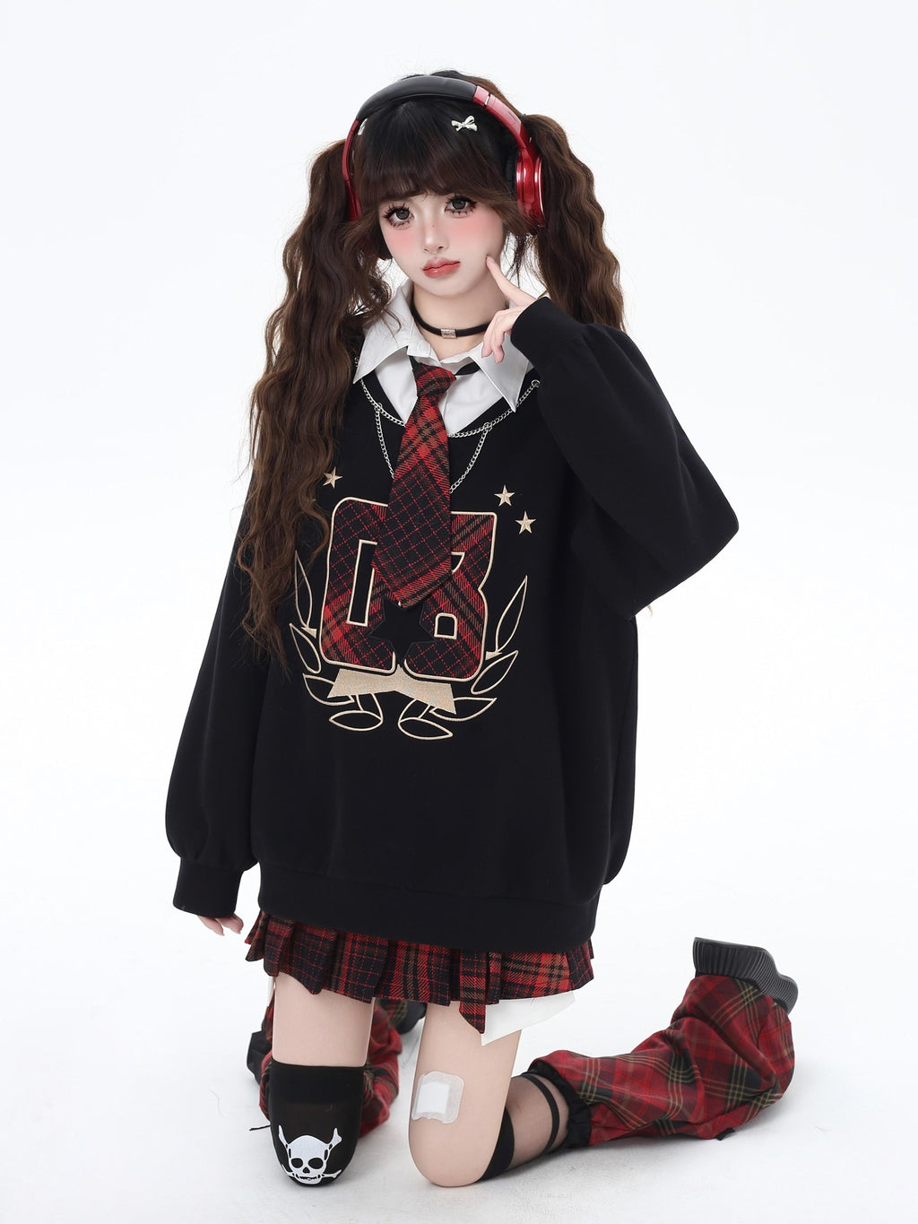 CRAZYGIRL Black Faux Two Piece College Style Stand Collar Loose Cute Women's Sweatshirts
