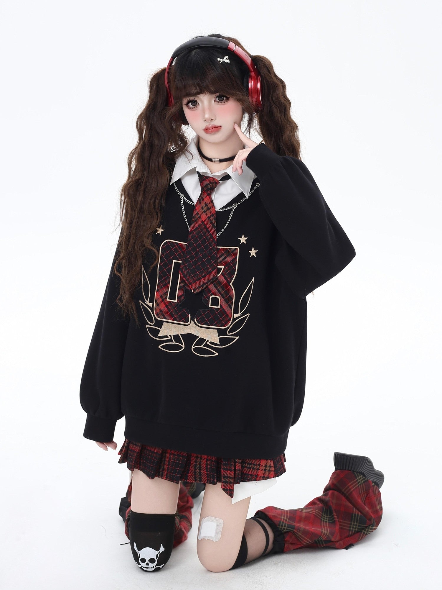 CRAZYGIRL Black Faux Two Piece College Style Stand Collar Loose Cute Women's Sweatshirts