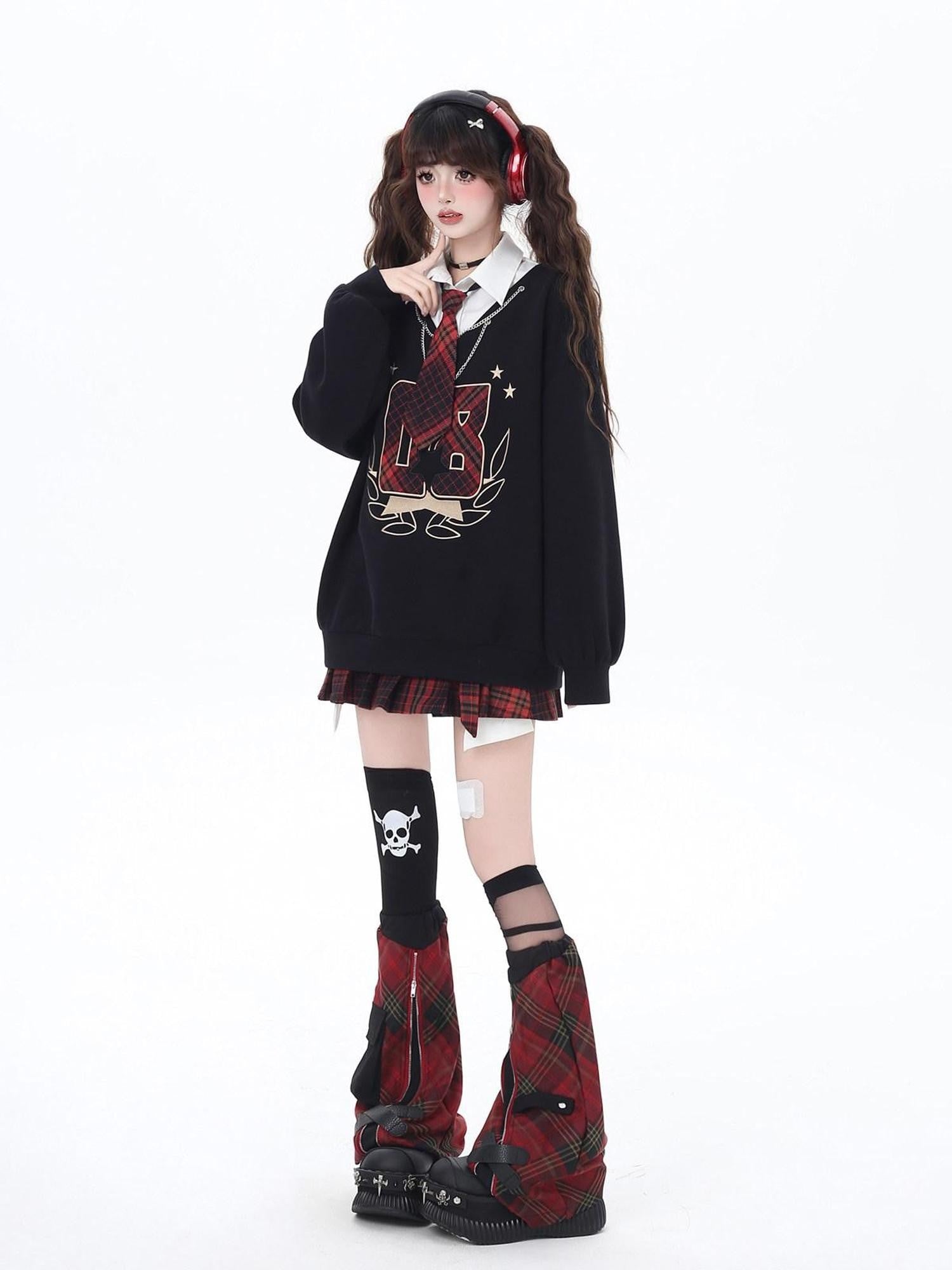 CRAZYGIRL Black Faux Two Piece College Style Stand Collar Loose Cute Women's Sweatshirts