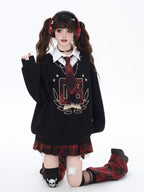 CRAZYGIRL Black Faux Two Piece College Style Stand Collar Loose Cute Women's Sweatshirts
