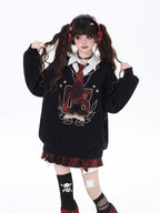 CRAZYGIRL Black Faux Two Piece College Style Stand Collar Loose Cute Women's Sweatshirts