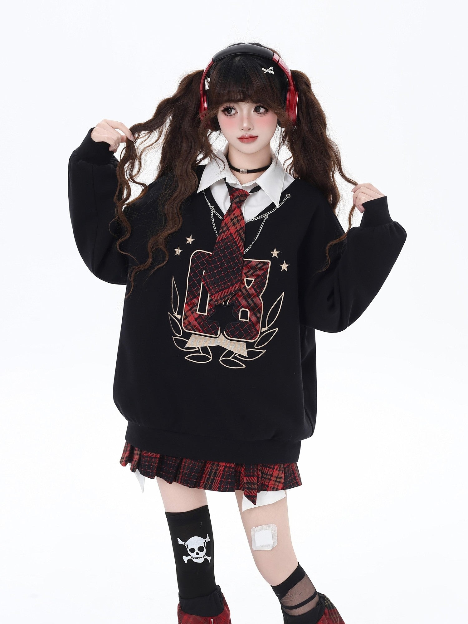 CRAZYGIRL Black Faux Two Piece College Style Stand Collar Loose Cute Women's Sweatshirts