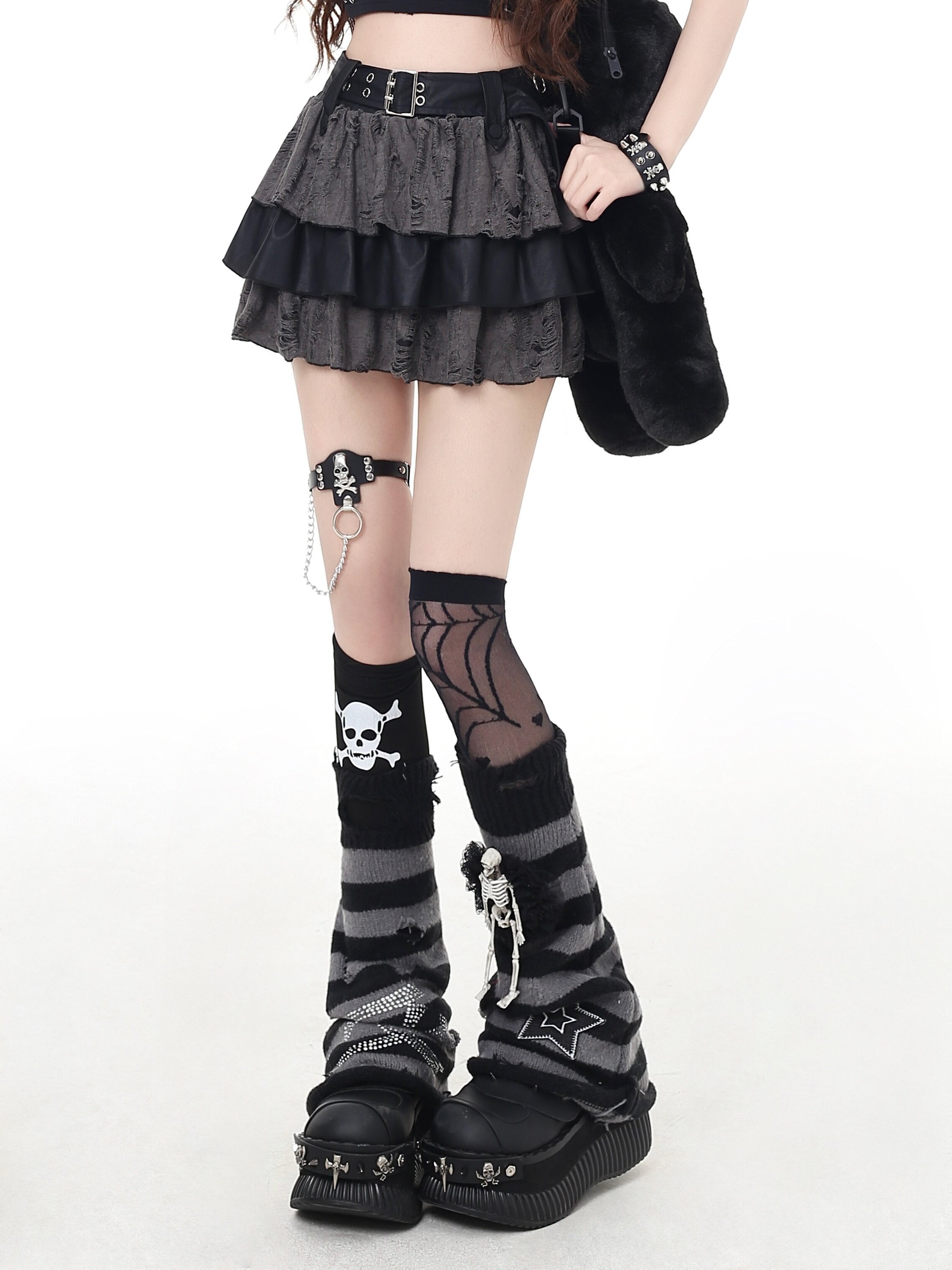 CRAZYGIRL_Black_Gray_Distressed_Subculture_High_Waist_Tiered_Zipper_Women's_Mini_Skirts_899920618210_MISSTT