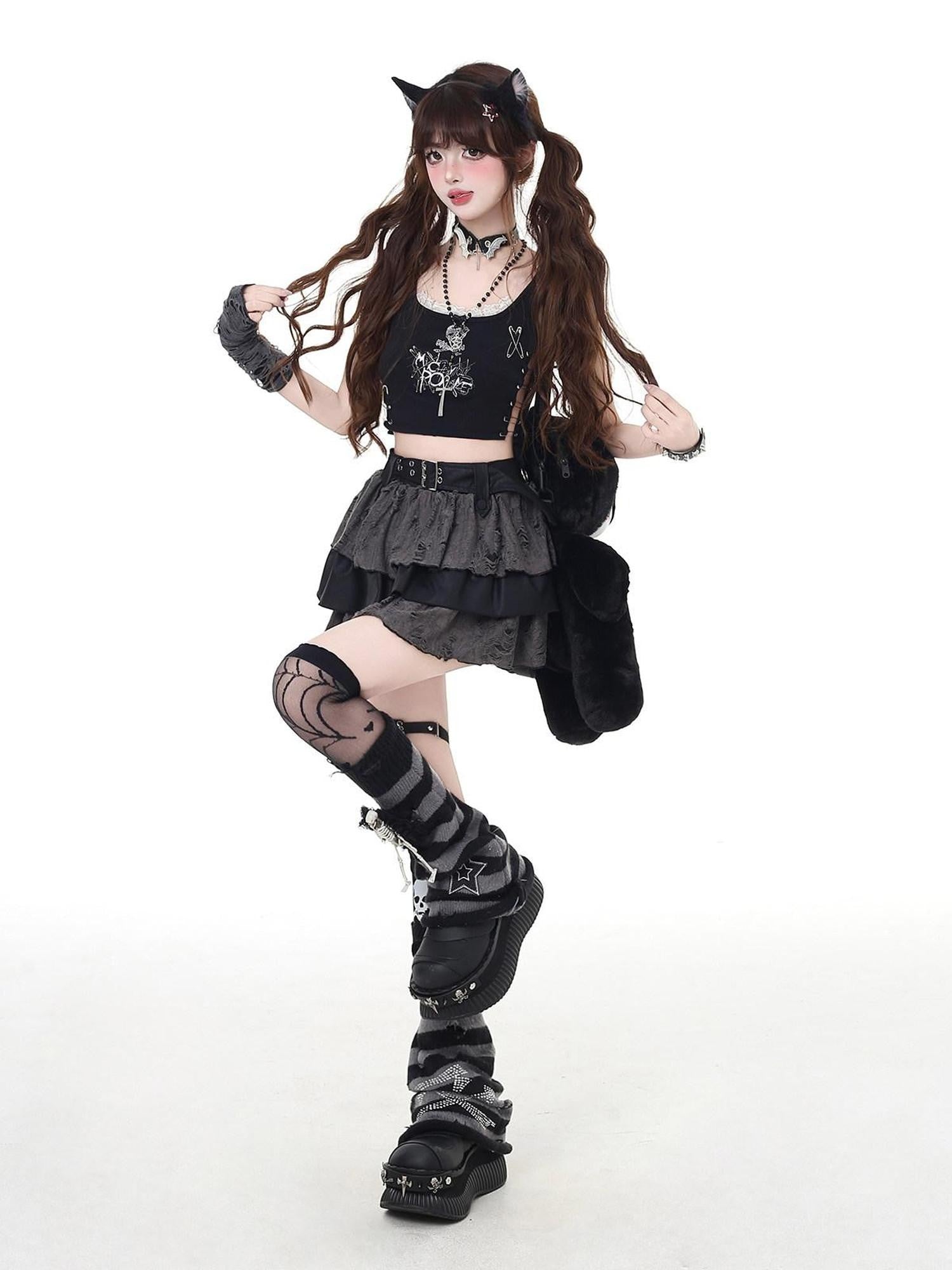 CRAZYGIRL Black Gray Distressed Subculture High Waist Tiered Zipper Women's Mini Skirts