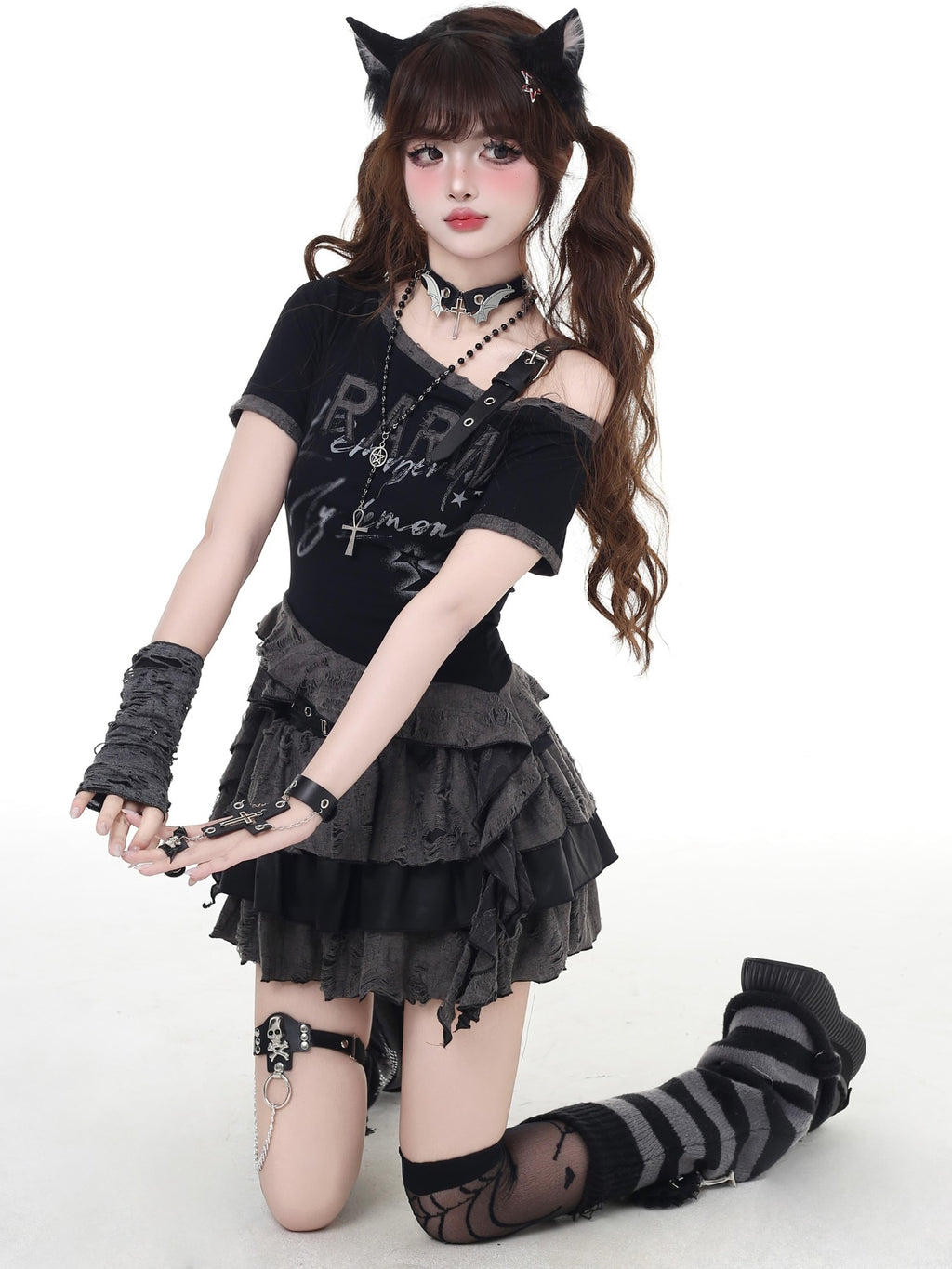 CRAZYGIRL Black Gray Distressed Subculture High Waist Tiered Zipper Women's Mini Skirts