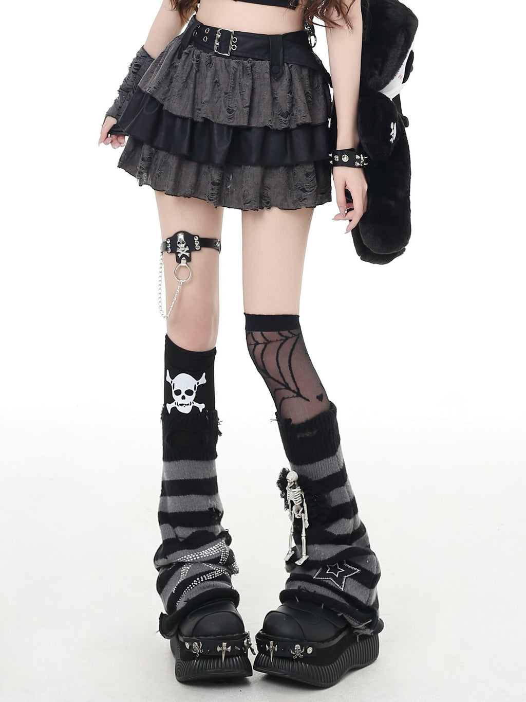 CRAZYGIRL Black Gray Distressed Subculture High Waist Tiered Zipper Women's Mini Skirts