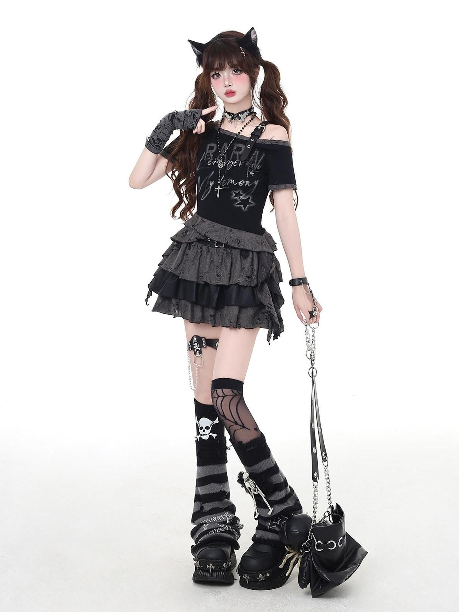 CRAZYGIRL Black Gray Distressed Subculture High Waist Tiered Zipper Women's Mini Skirts