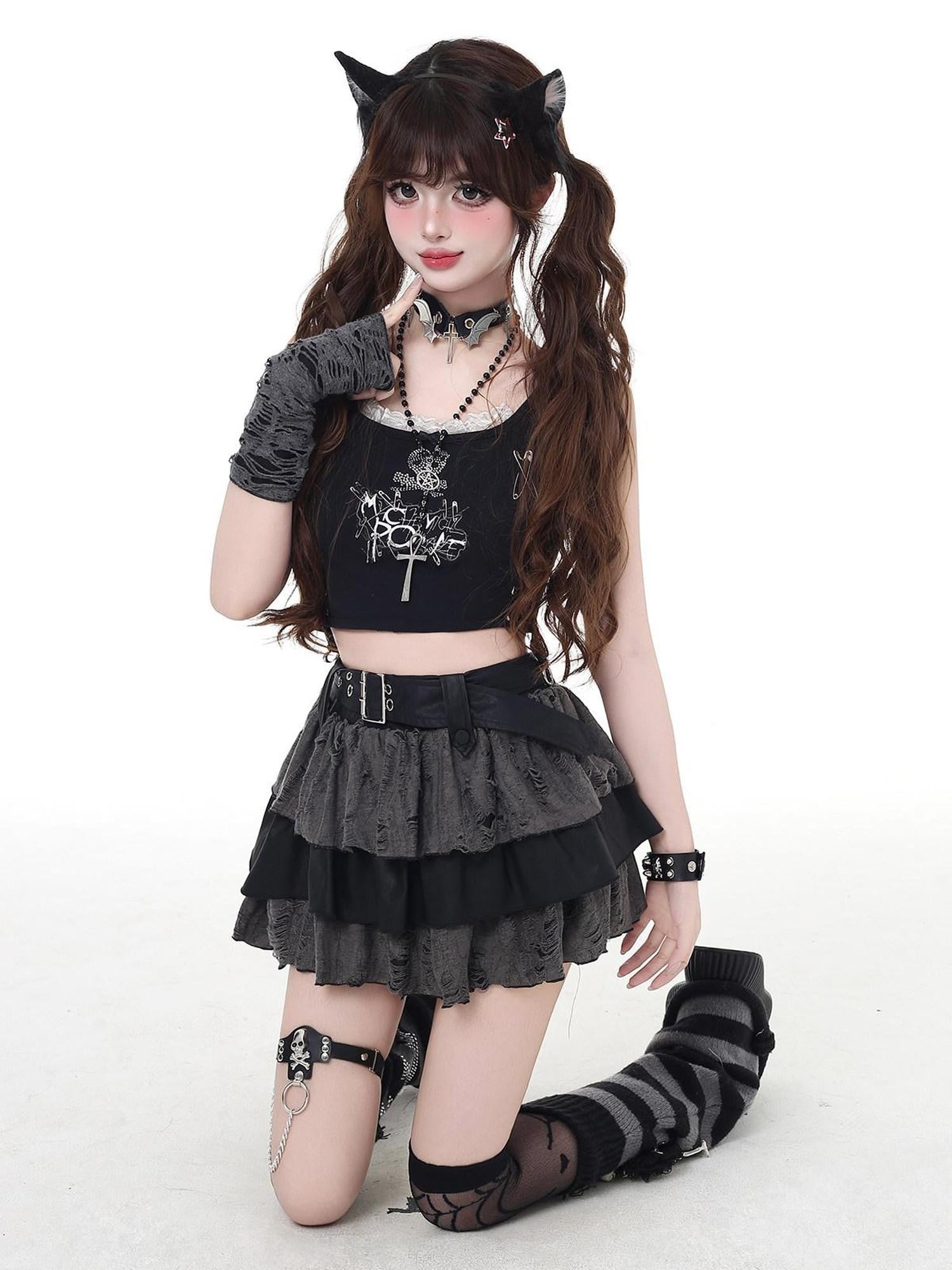 CRAZYGIRL Black Gray Distressed Subculture High Waist Tiered Zipper Women's Mini Skirts