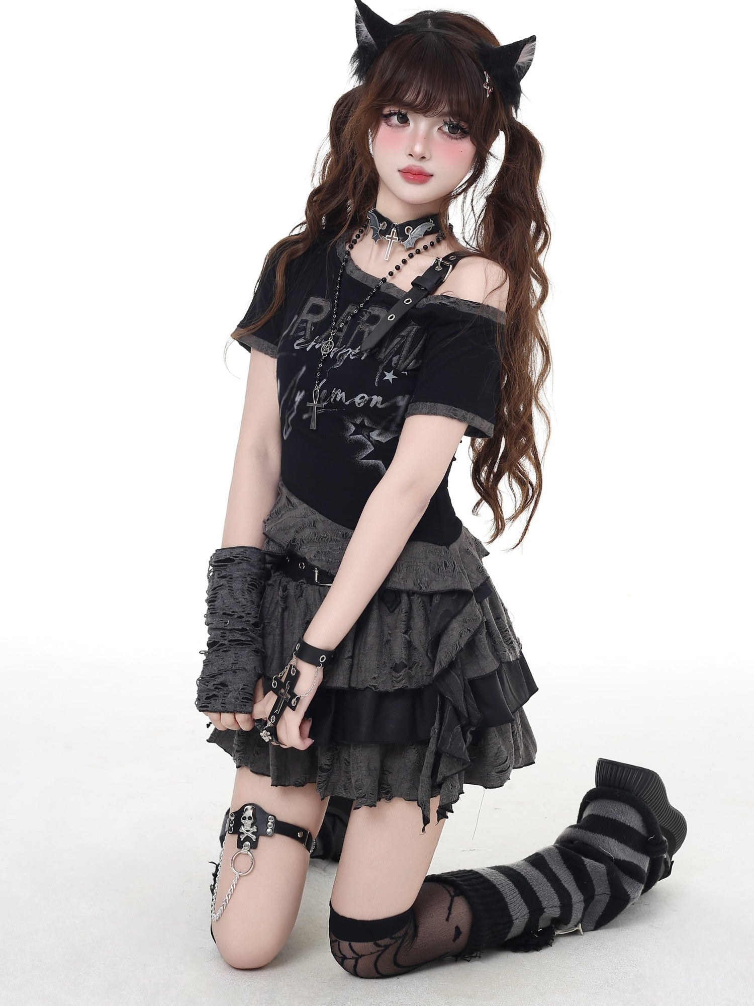 CRAZYGIRL Black Gray Distressed Subculture High Waist Tiered Zipper Women's Mini Skirts