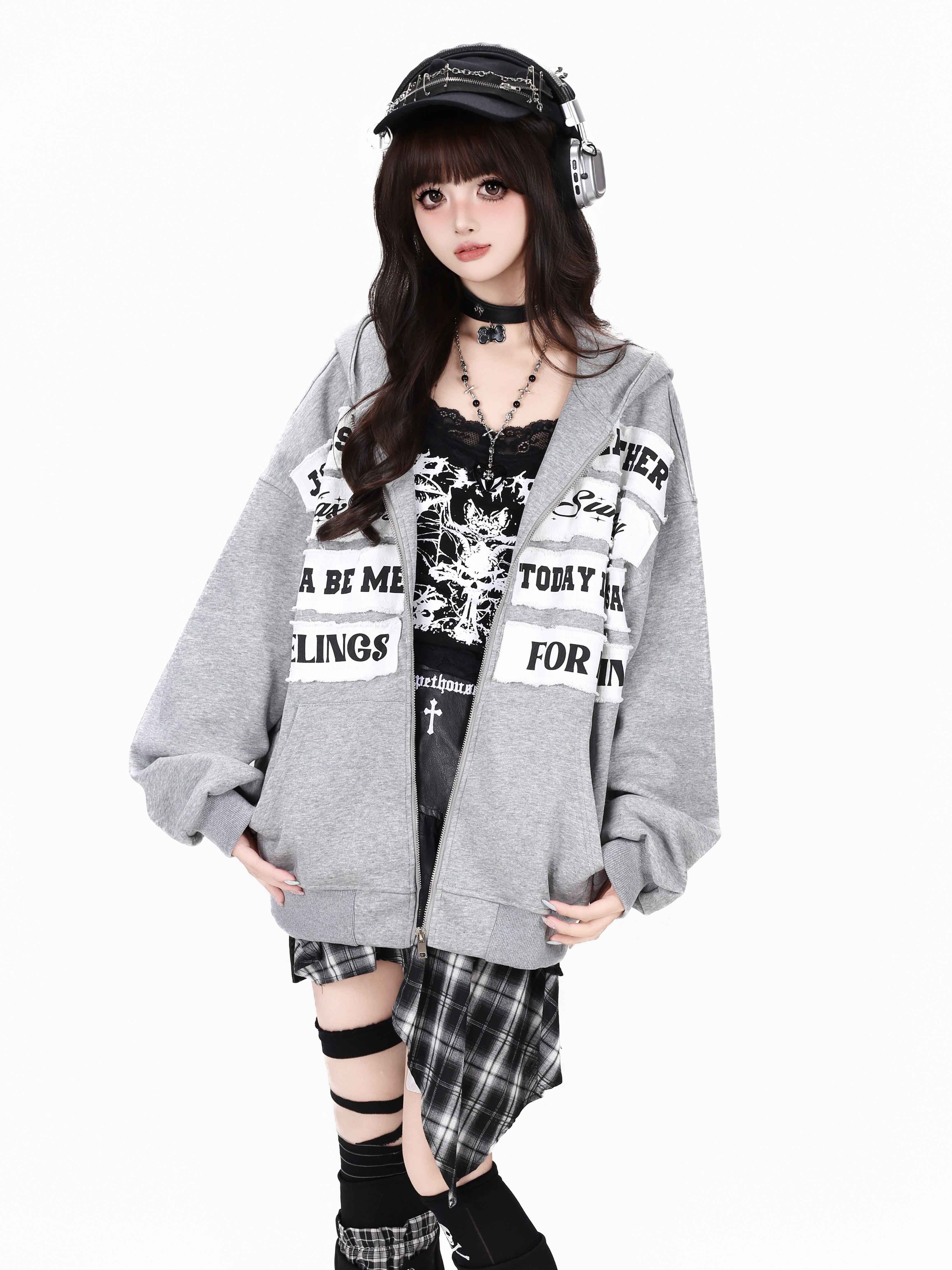 CRAZYGIRL_Black_Grey_Distressed_Letter_Patch_Zipper_Oversized_Women's_Hoodies_1071999762645_MISSTT