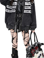 CRAZYGIRL Black Grey Distressed Letter Patch Zipper Oversized Women's Hoodies