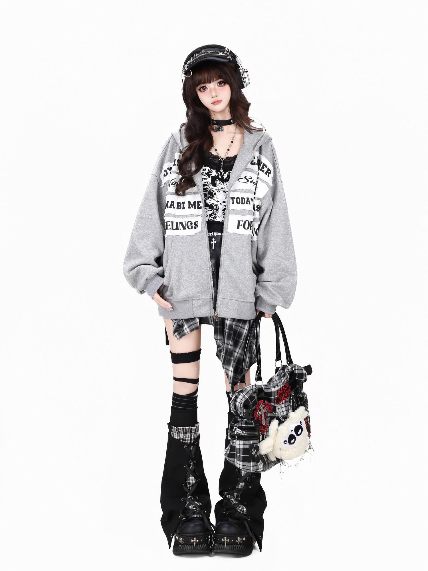 CRAZYGIRL Black Grey Distressed Letter Patch Zipper Oversized Women's Hoodies