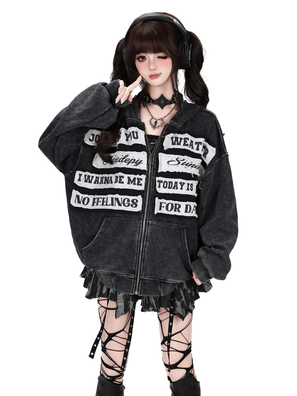 CRAZYGIRL Black Grey Distressed Letter Patch Zipper Oversized Women's Hoodies