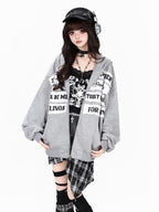 CRAZYGIRL Black Grey Distressed Letter Patch Zipper Oversized Women's Hoodies