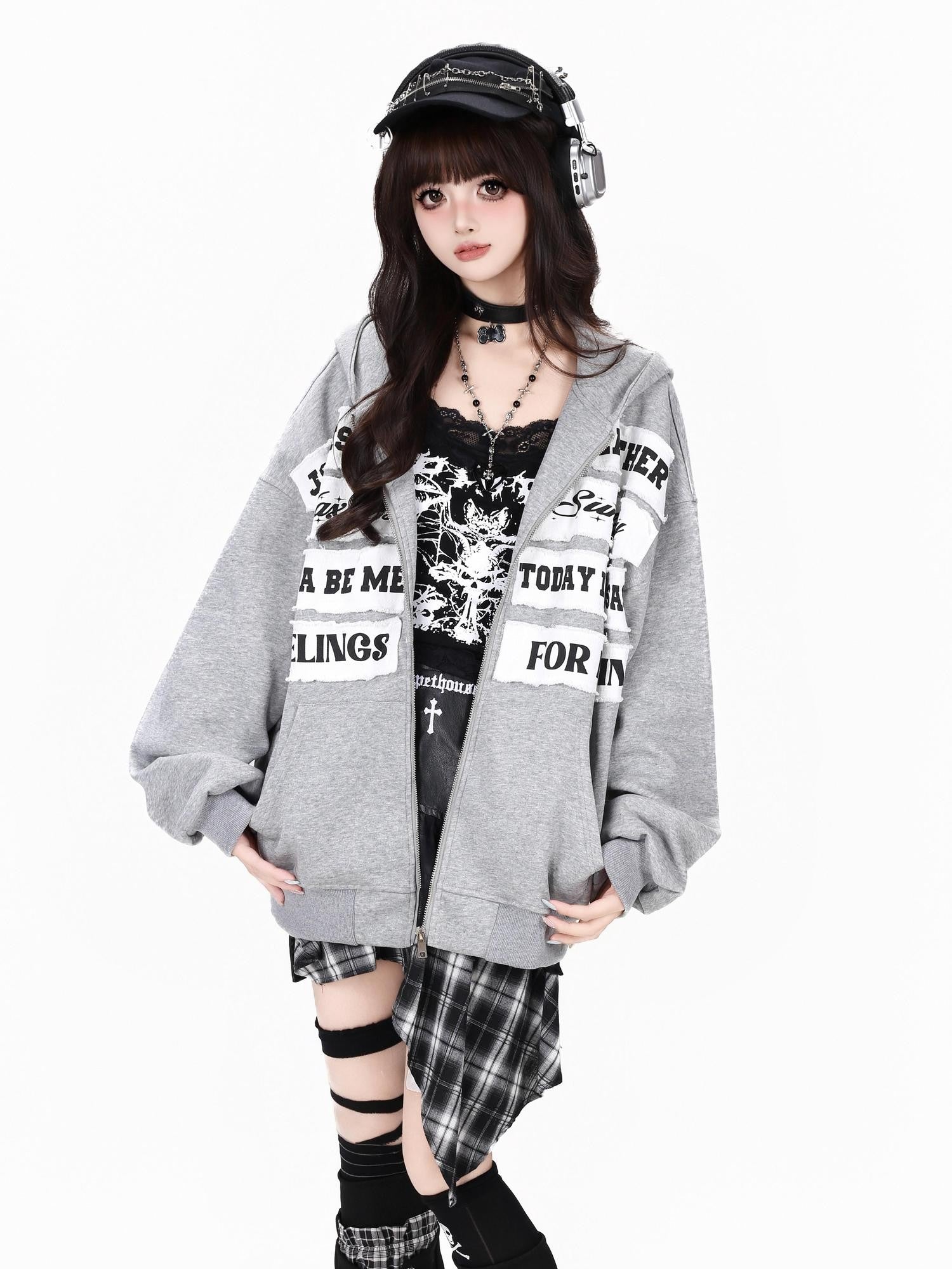 CRAZYGIRL Black Grey Distressed Letter Patch Zipper Oversized Women's Hoodies