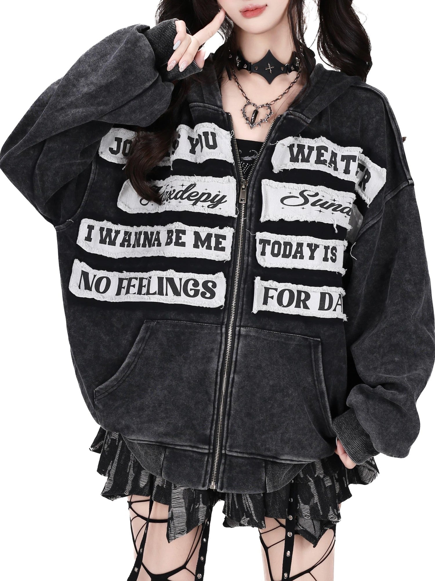 CRAZYGIRL Black Grey Distressed Letter Patch Zipper Oversized Women's Hoodies