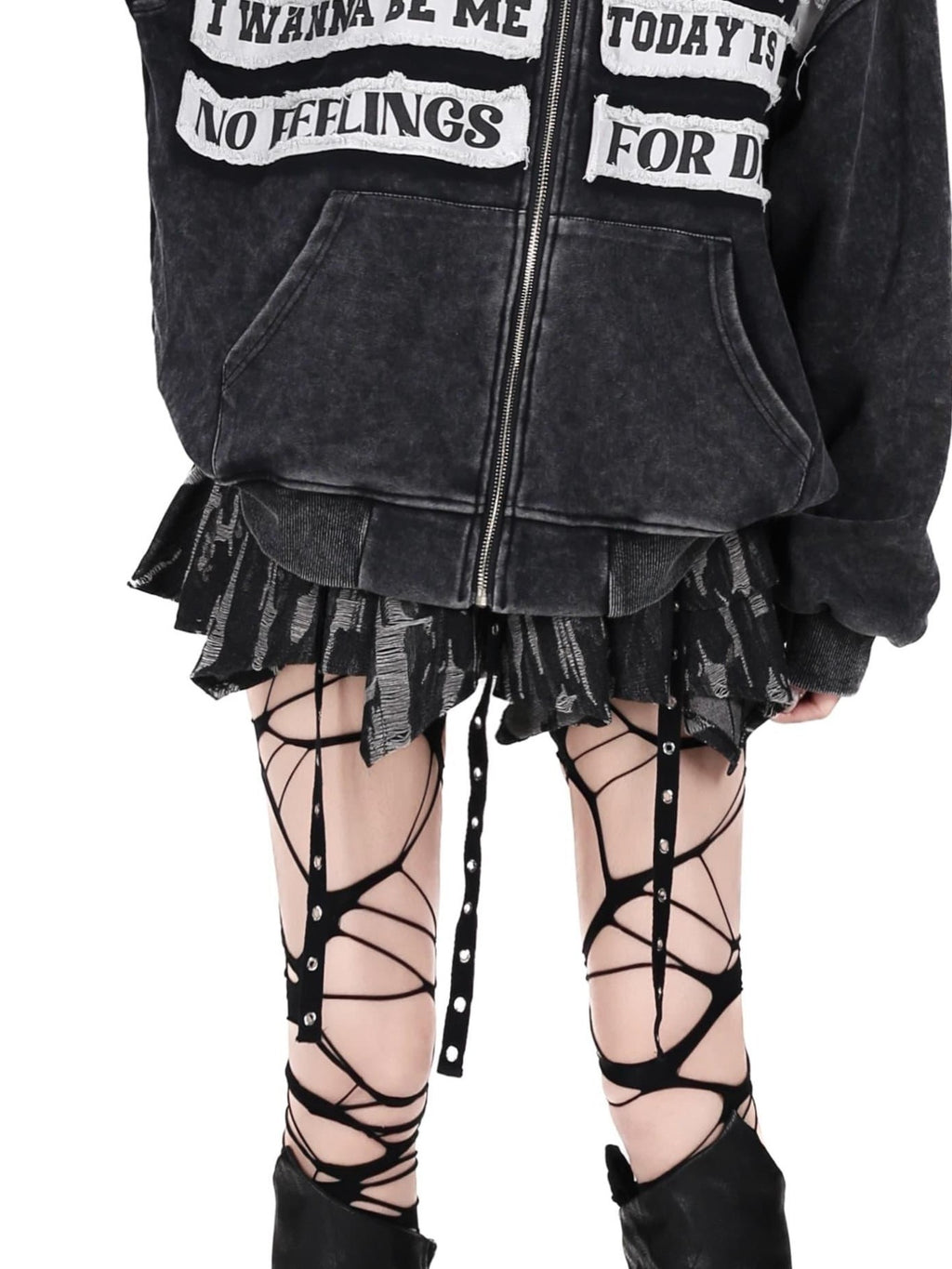 CRAZYGIRL Black Grey Distressed Letter Patch Zipper Oversized Women's Hoodies