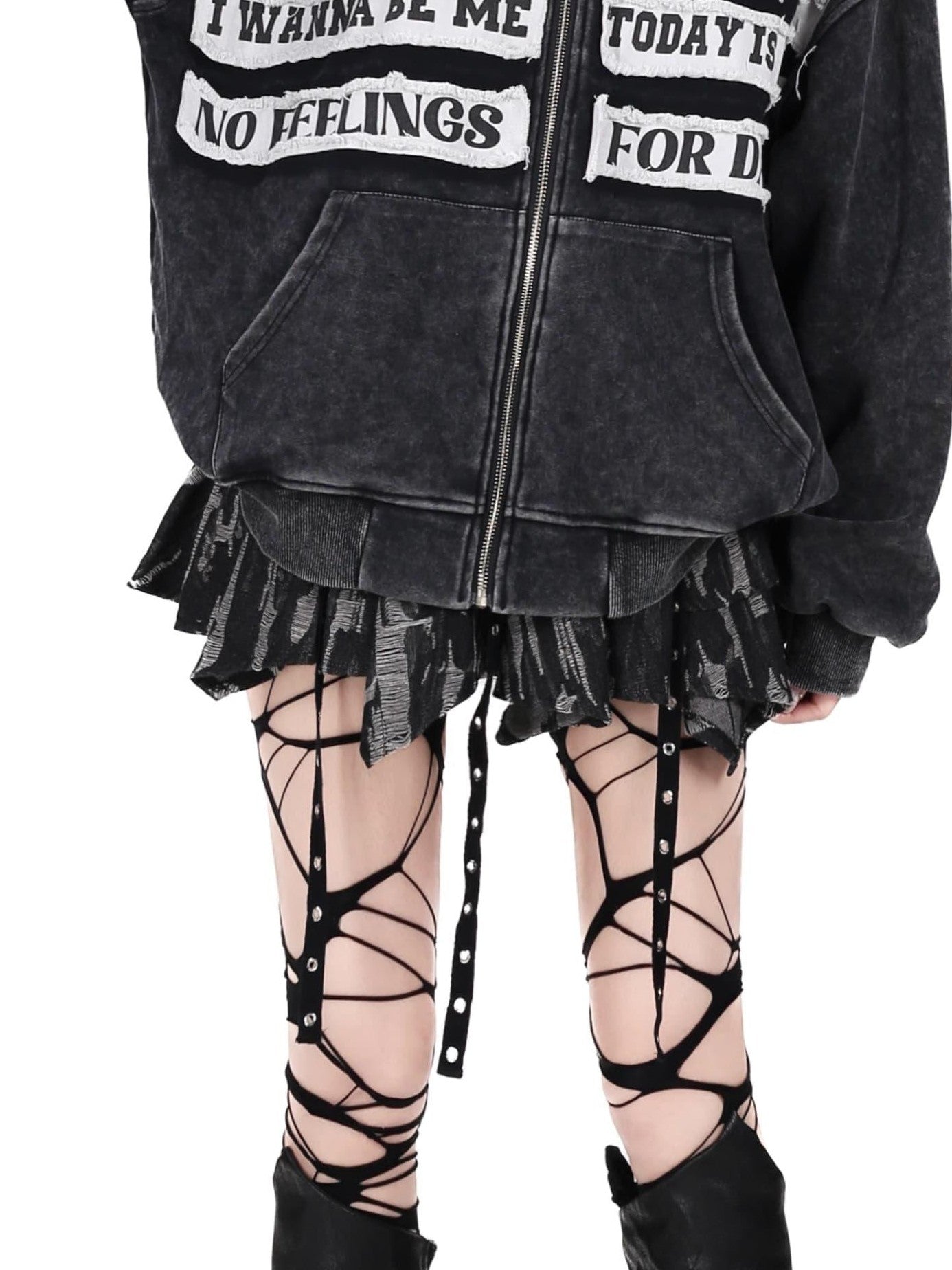 CRAZYGIRL Black Grey Distressed Letter Patch Zipper Oversized Women's Hoodies