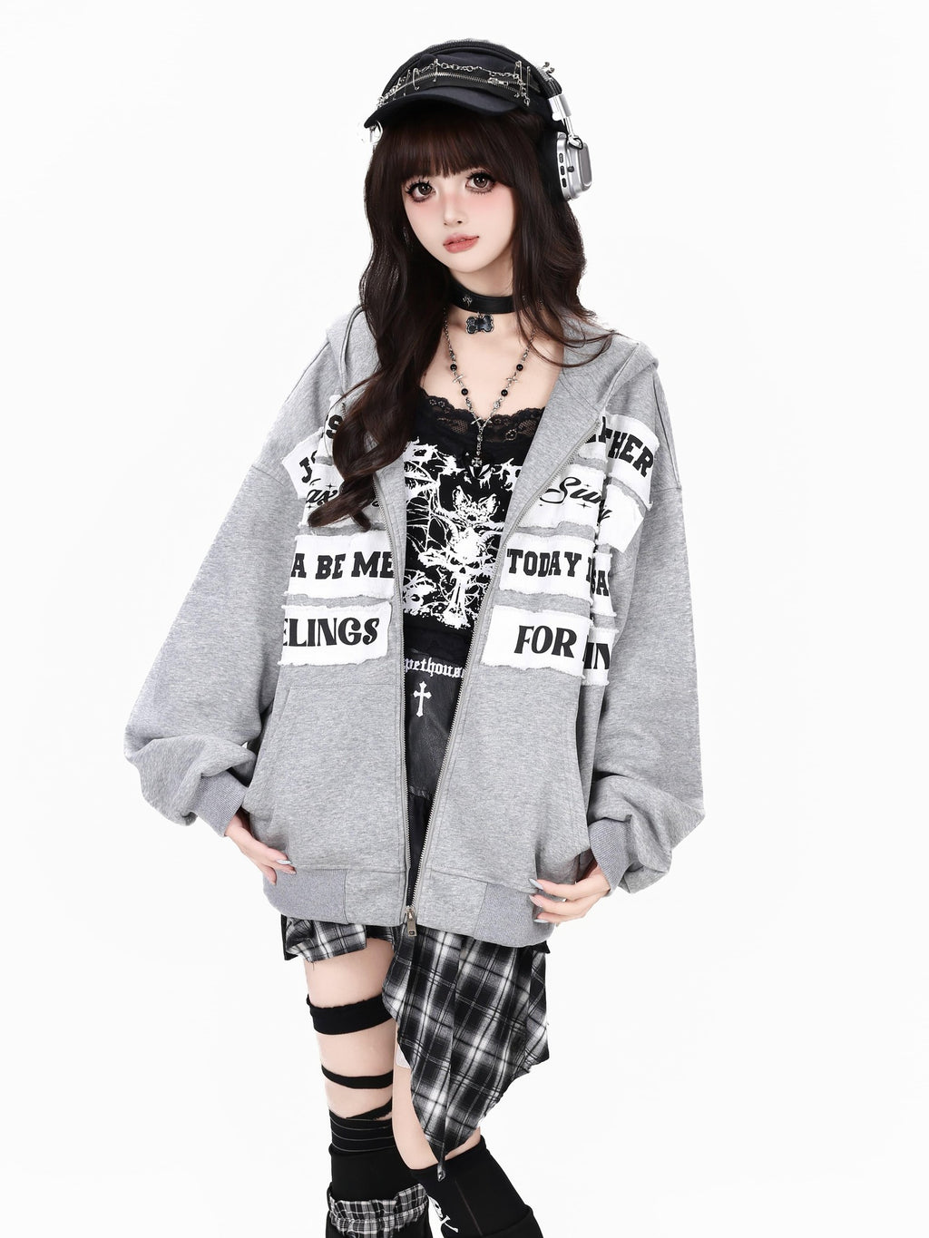 CRAZYGIRL Black Grey Distressed Letter Patch Zipper Oversized Women's Hoodies