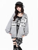 CRAZYGIRL Black Grey Distressed Letter Patch Zipper Oversized Women's Hoodies