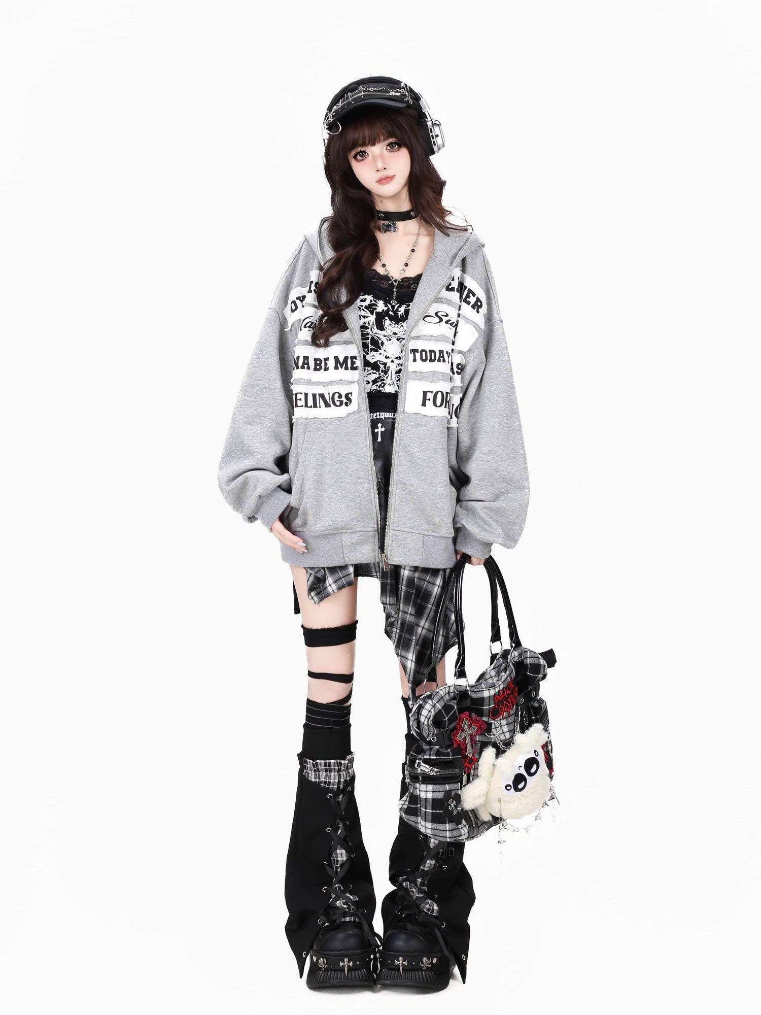 CRAZYGIRL Black Grey Distressed Letter Patch Zipper Oversized Women's Hoodies
