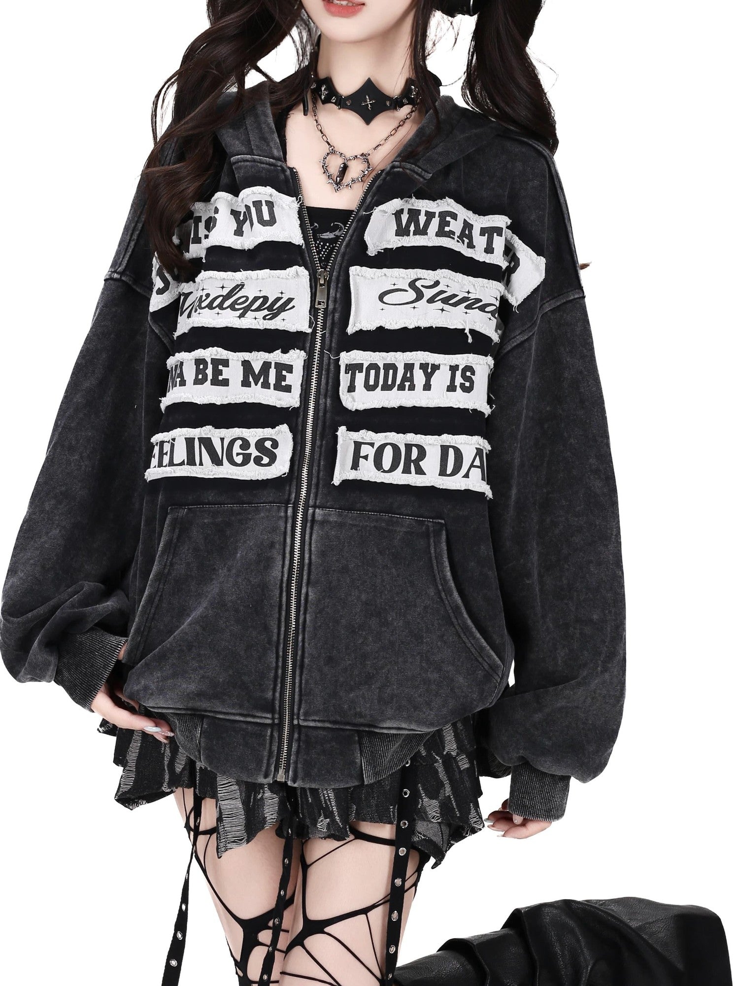 CRAZYGIRL Black Grey Distressed Letter Patch Zipper Oversized Women's Hoodies