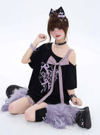 CRAZYGIRL_Black_Off_Shoulder_Bow_Letter_Print_Loose_Women's_Short_Sleeve_T-shirts_807086848365_MISSTT