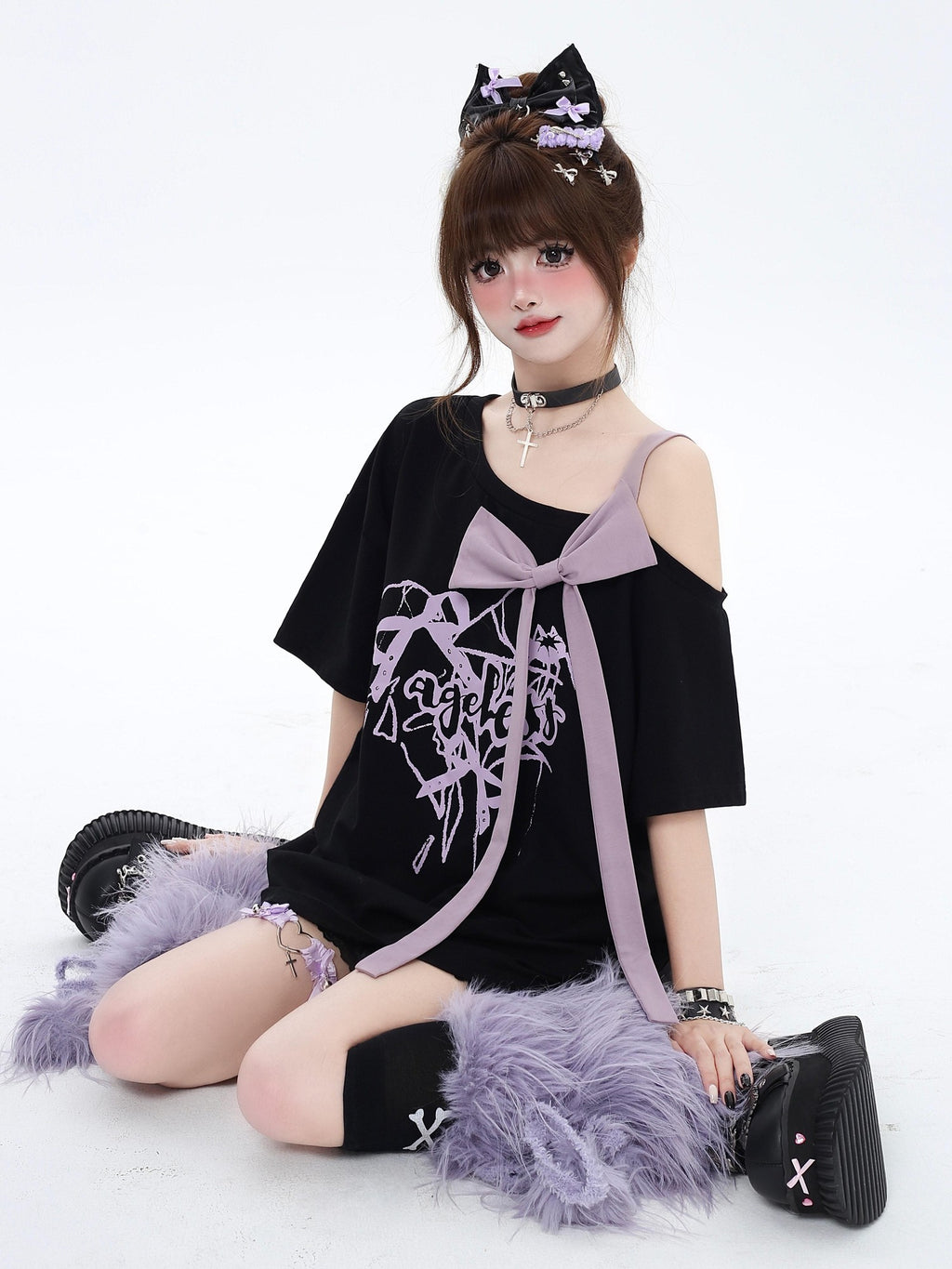 CRAZYGIRL Black Off Shoulder Bow Letter Print Loose Women's Short Sleeve T-shirts
