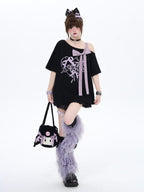 CRAZYGIRL Black Off Shoulder Bow Letter Print Loose Women's Short Sleeve T-shirts